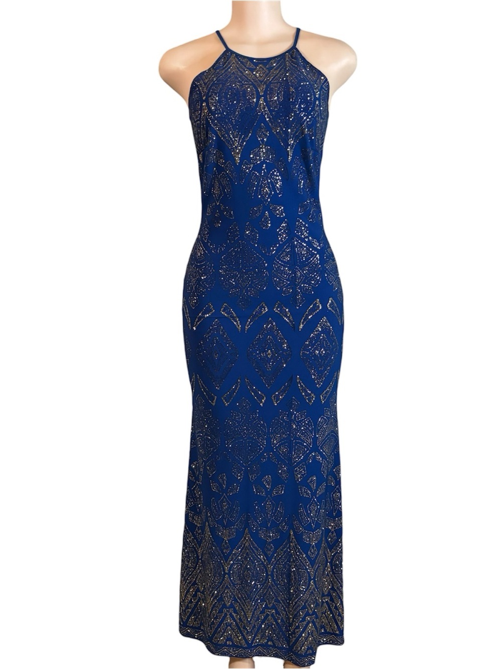 Vtg Y2K Bodycon Halter Maxi Dress Glitter Royal Blue Sz M Geometric Party Glam